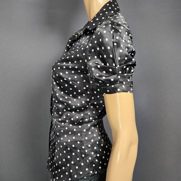 Y2K Fitted Satin Blouse Black Polka Dot Button Up Shirt Size S Short Sleeve - Picture 4 of 10